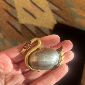 Vintage Coro Swan Brooch | Mother of Pearl | Red Rhinestone | Signed